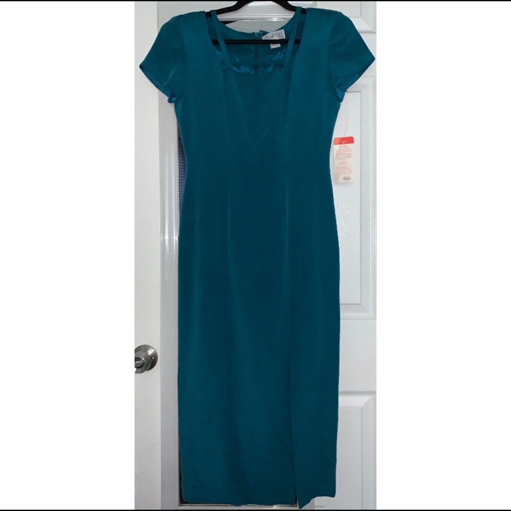 Vintage 100% silk blue formal dress with slit